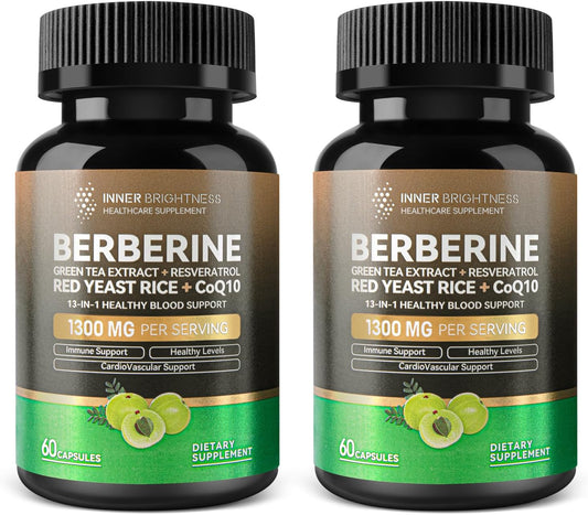 Immune Health & Metabolic Support Supplement 1300mg - Berberine with Green Tea, Resveratrol, Red Yeast Rice & CoQ10 - 60 Capsules x 2 Pack - Non-GMO, Lab Tested