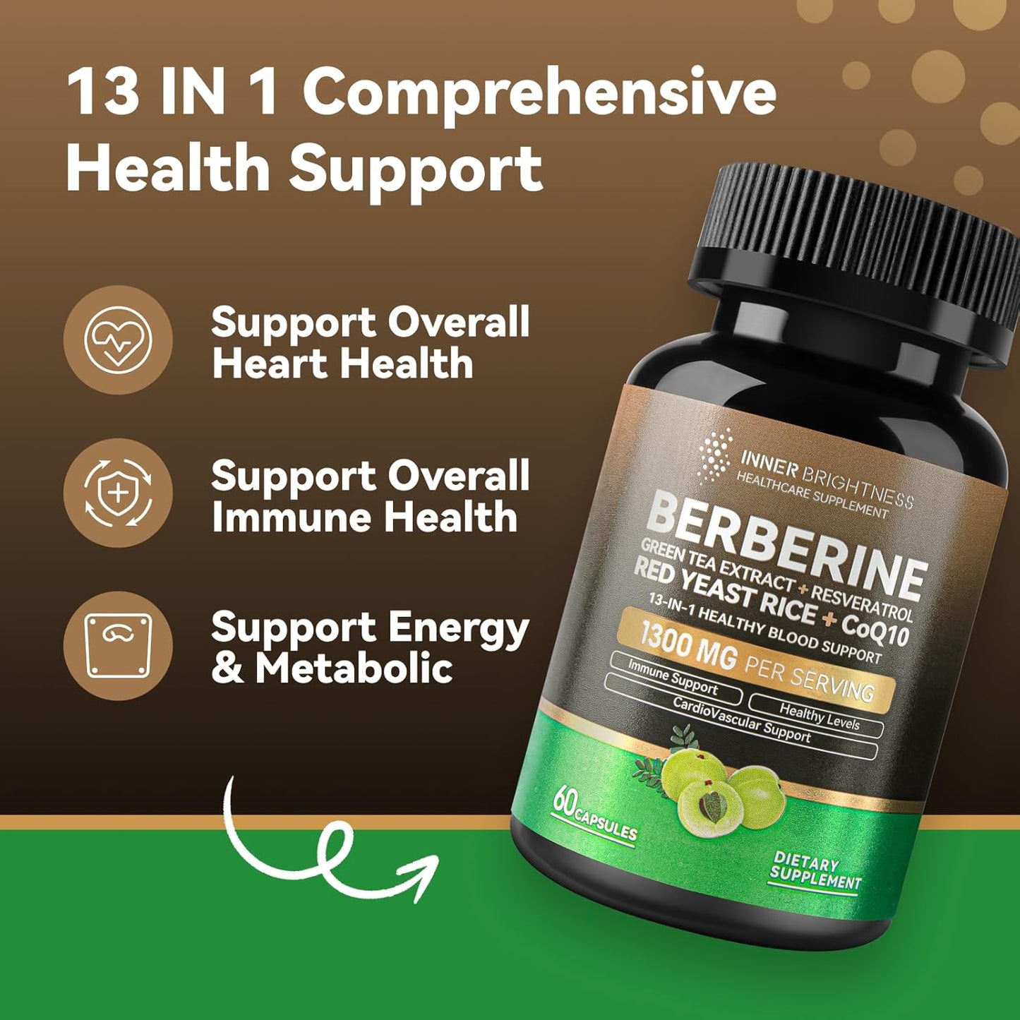 Immune Health & Metabolic Support Supplement 1300mg - Berberine with Green Tea, Resveratrol, Red Yeast Rice & CoQ10 - 60 Capsules x 2 Pack - Non-GMO, Lab Tested