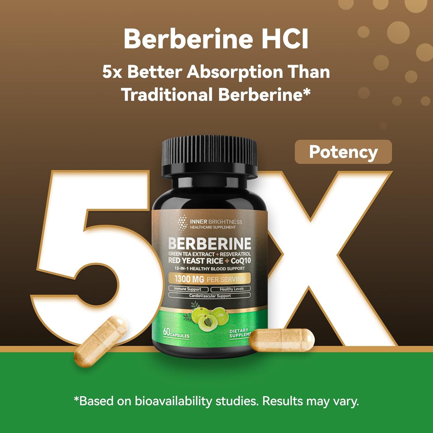 Immune Health & Metabolic Support Supplement 1300mg - Berberine with Green Tea, Resveratrol, Red Yeast Rice & CoQ10 - 60 Capsules x 2 Pack - Non-GMO, Lab Tested