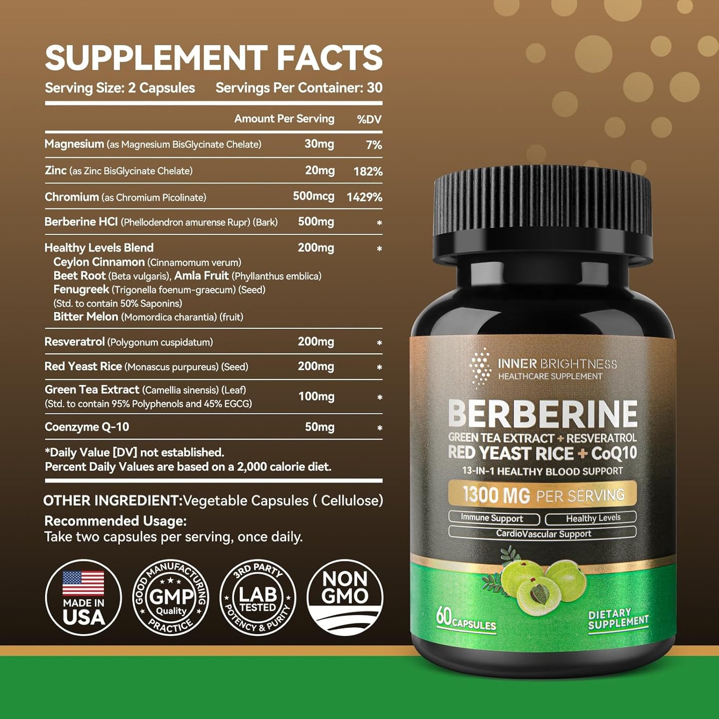 Immune Health & Metabolic Support Supplement 1300mg - Berberine with Green Tea, Resveratrol, Red Yeast Rice & CoQ10 - 60 Capsules x 2 Pack - Non-GMO, Lab Tested