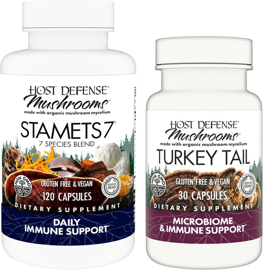 Immune Health Support Bundle: Stamets 7 & Turkey Tail Capsules - 120 Count & 30 Count - Boost Digestive & Immune Function