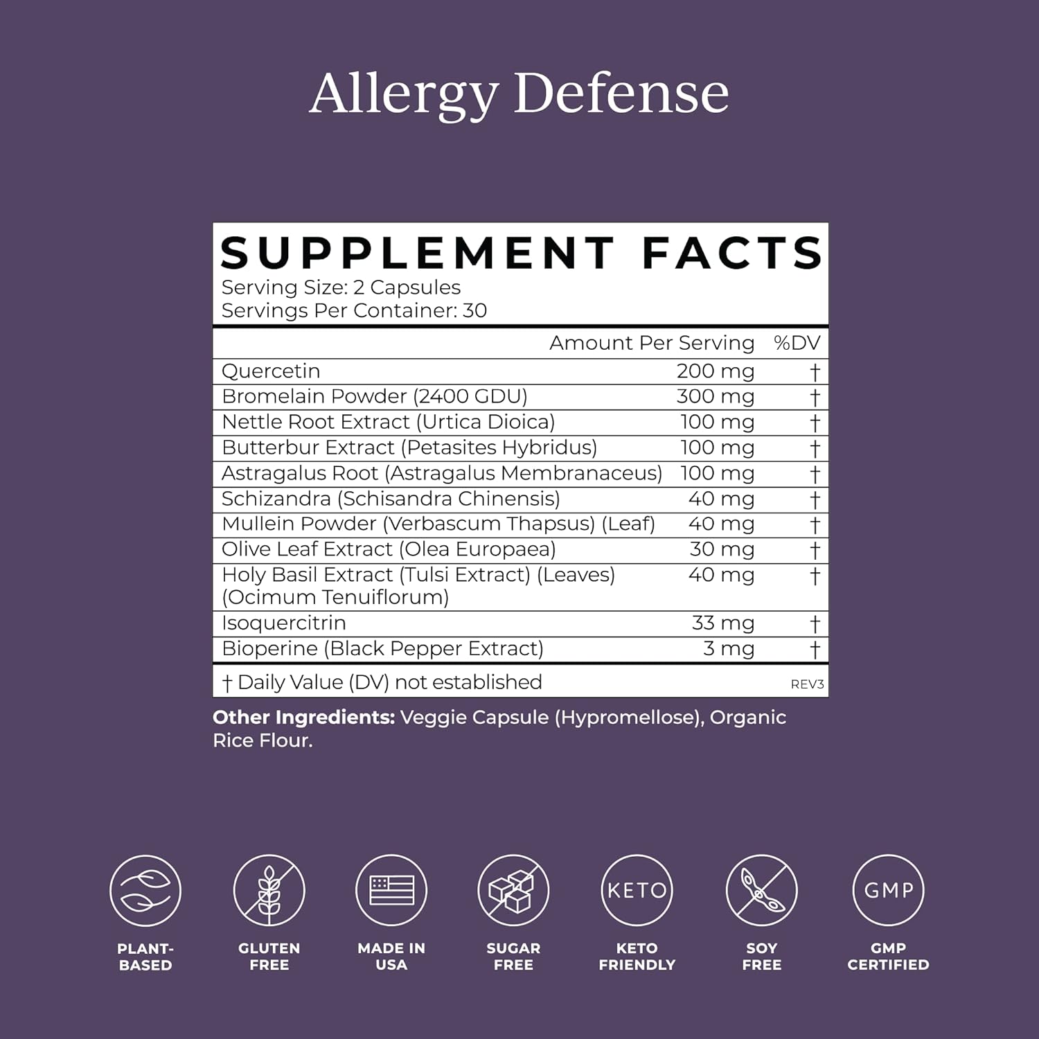 Immune Support Allergy Supplement with Quercetin, Bromelain, Holy Basil, and Bioflavonoids - Gluten Free, Non GMO (60 Capsules)