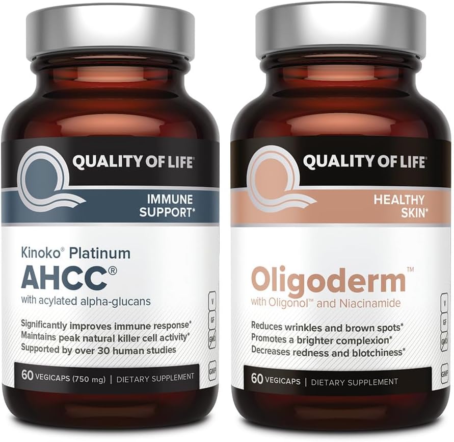Immune Support and Skin Health Bundle with Kinoko Platinum AHCC Mushroom Extract and Oligoderm Oligoderm with Oligonol Lychee Extract for Enhanced Quality of Life