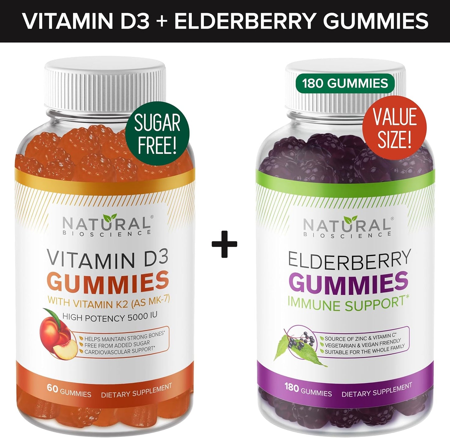 Immune Support Bundle: Sugar-Free Vitamin D & Elderberry Gummies - 240 Gummies, Gelatin-Free & Vegetarian