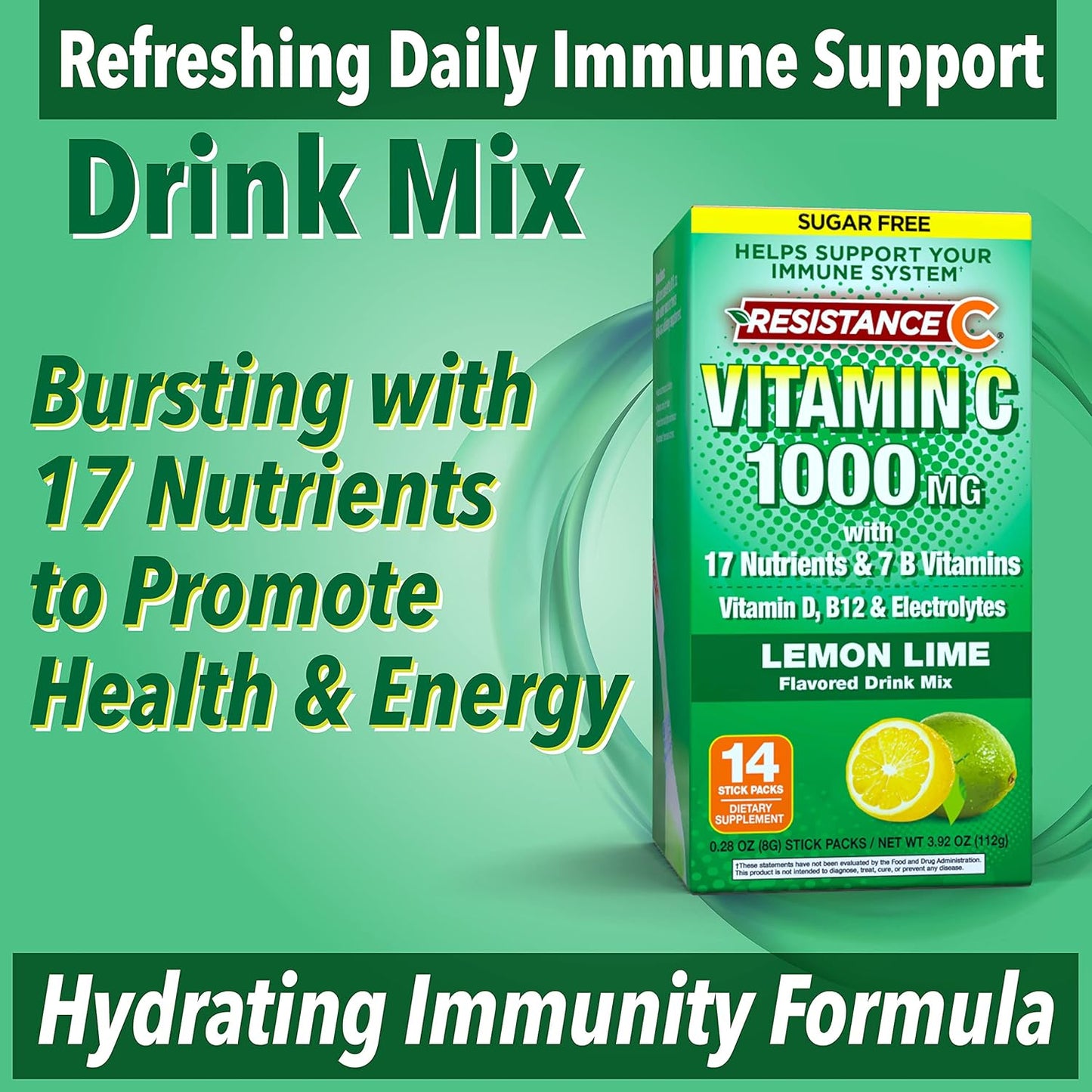 Immune Support C Stick Packs with 16 Nutrients, 7 B-Vitamins, Antioxidants, Electrolytes - Green Lemon-Lime Flavor - 14 Count