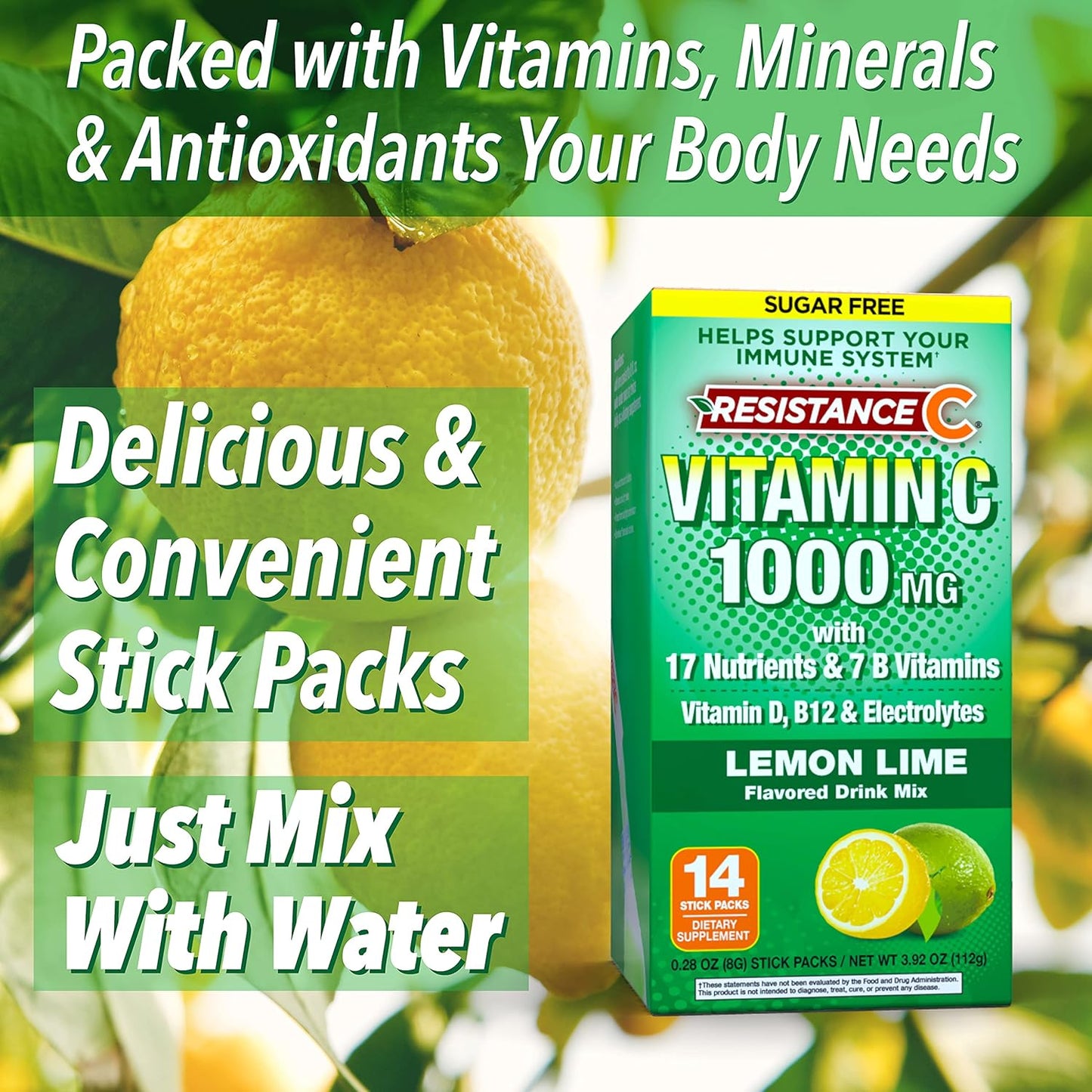 Immune Support C Stick Packs with 16 Nutrients, 7 B-Vitamins, Antioxidants, Electrolytes - Green Lemon-Lime Flavor - 14 Count