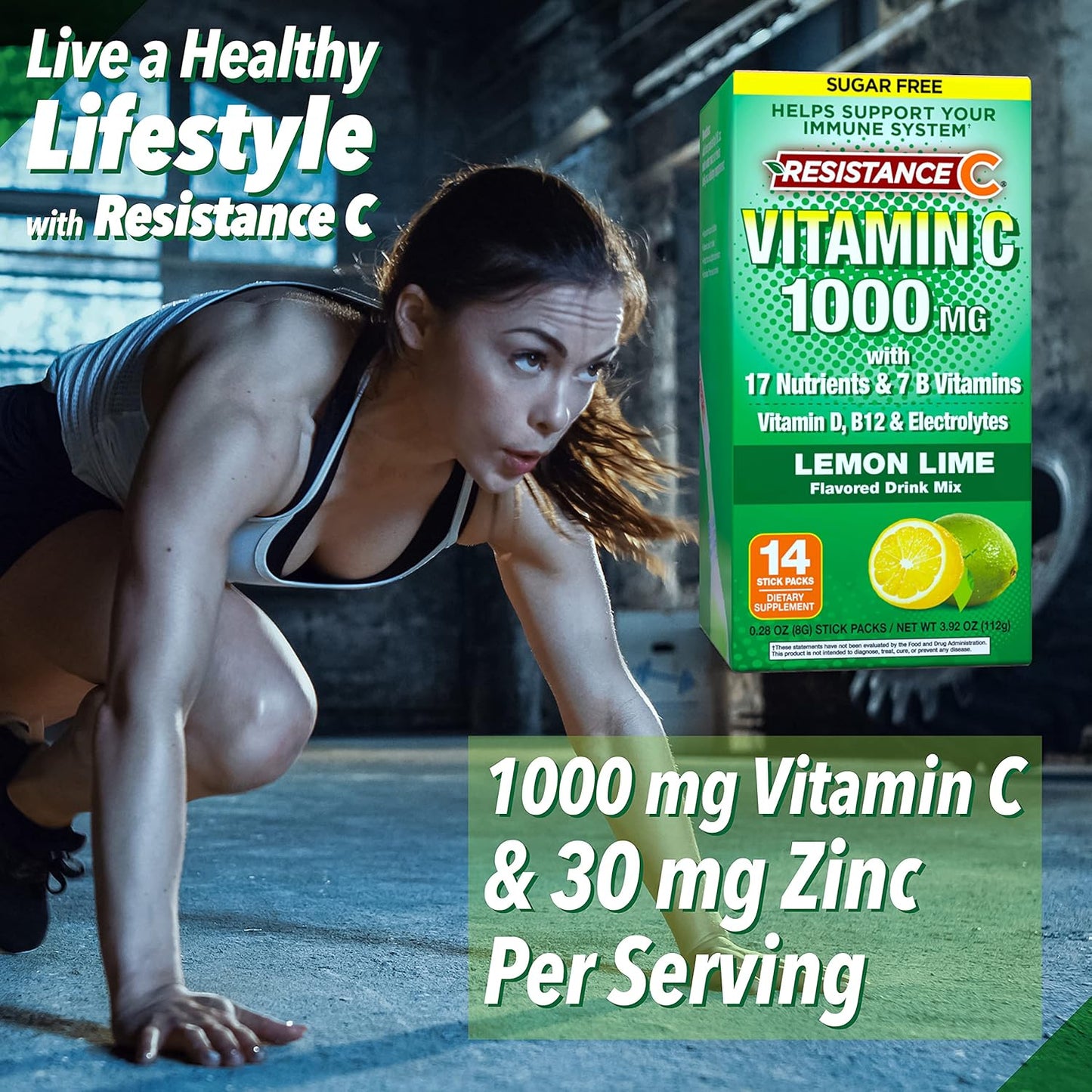 Immune Support C Stick Packs with 16 Nutrients, 7 B-Vitamins, Antioxidants, Electrolytes - Green Lemon-Lime Flavor - 14 Count