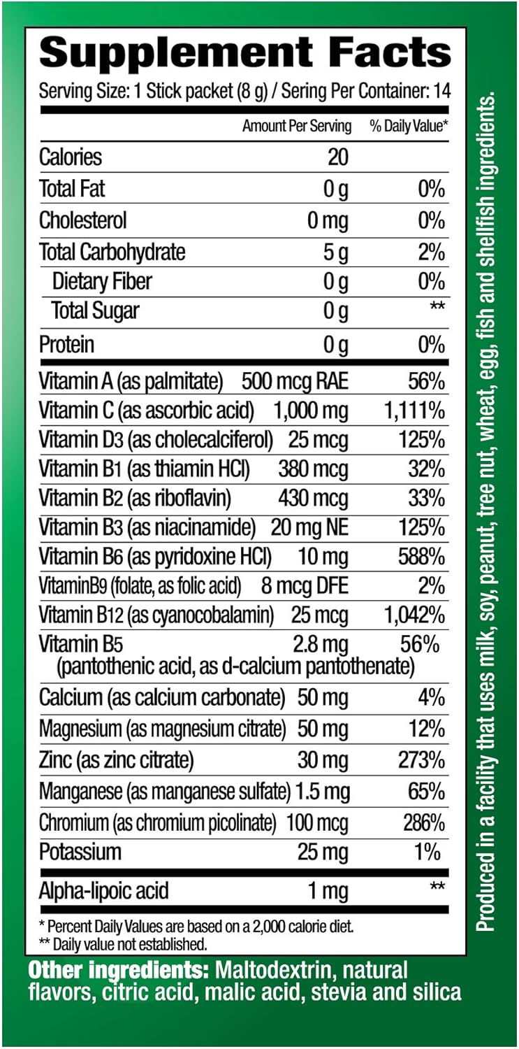 Immune Support C Stick Packs with 16 Nutrients, 7 B-Vitamins, Antioxidants, Electrolytes - Green Lemon-Lime Flavor - 14 Count