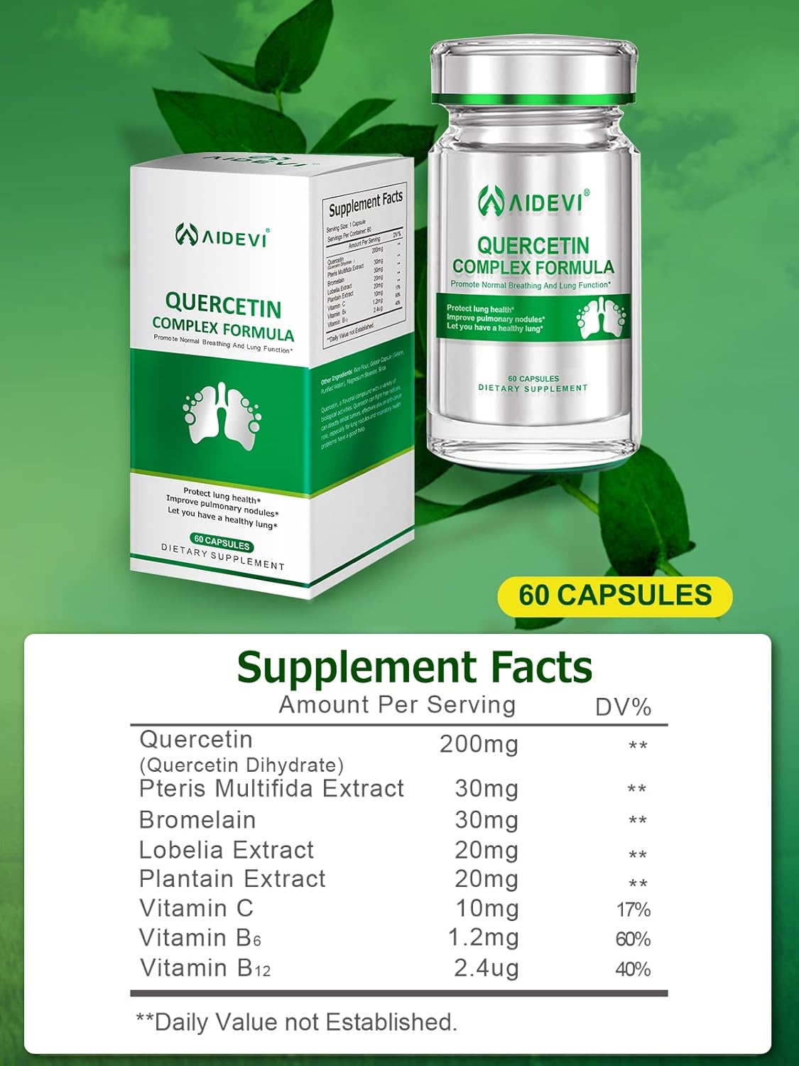 Immune Support Capsules with Quercetin, Vitamin C, Bromelain, and Pteris Multifida Extract to Boost Lung and Respiratory Health - 60 Capsules