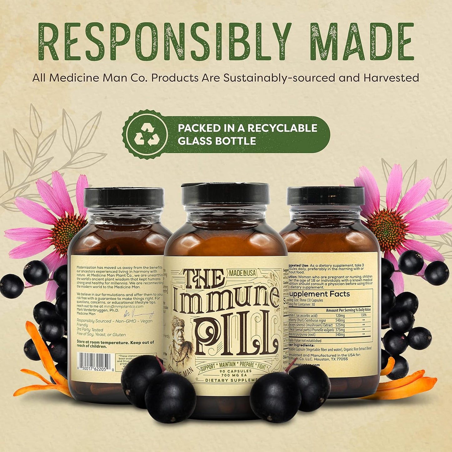Immune Support Capsules with Vitamin C, Elderberry, Prunella Vulgaris, Echinacea, and Cordyceps - 90 Count - Boosters for Adults & Kids by Medicine Man Plant Co
