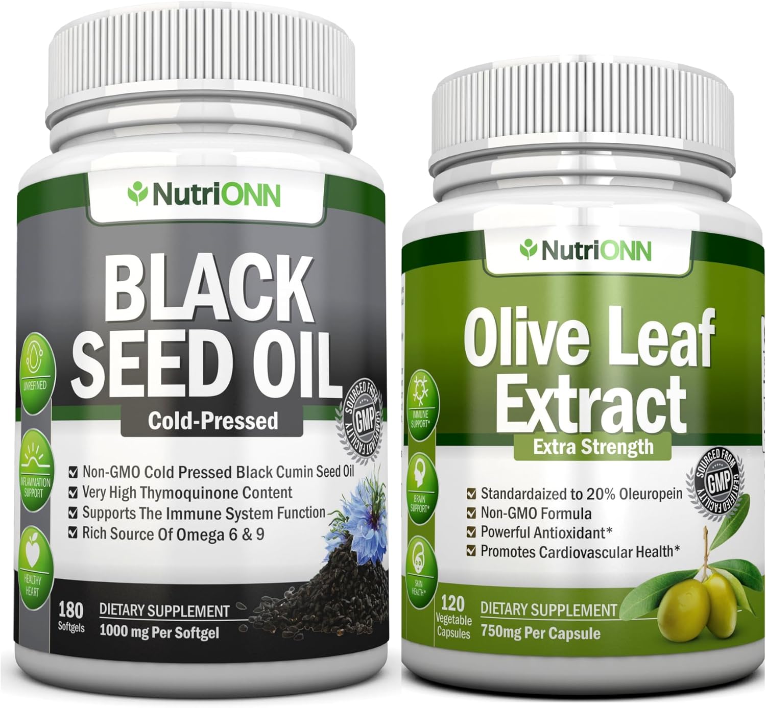 Immune Support Combo: Black Seed Oil Softgels & Olive Leaf Extract Capsules by NutriONN