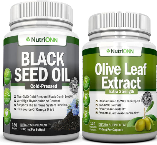 Immune Support Combo: Black Seed Oil Softgels & Olive Leaf Extract Capsules by NutriONN