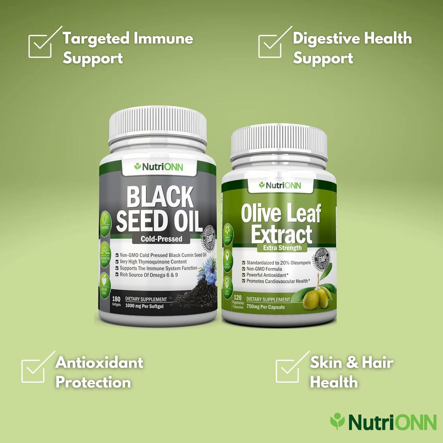 Immune Support Combo: Black Seed Oil Softgels & Olive Leaf Extract Capsules by NutriONN