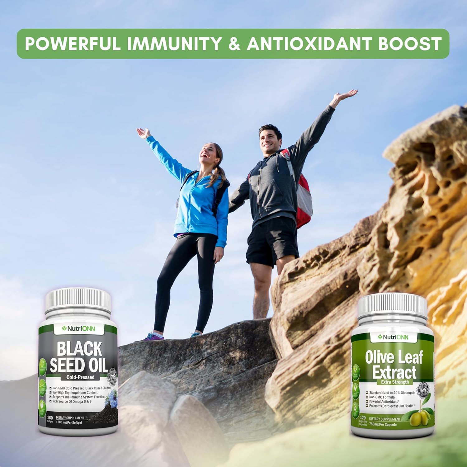 Immune Support Combo: Black Seed Oil Softgels & Olive Leaf Extract Capsules by NutriONN