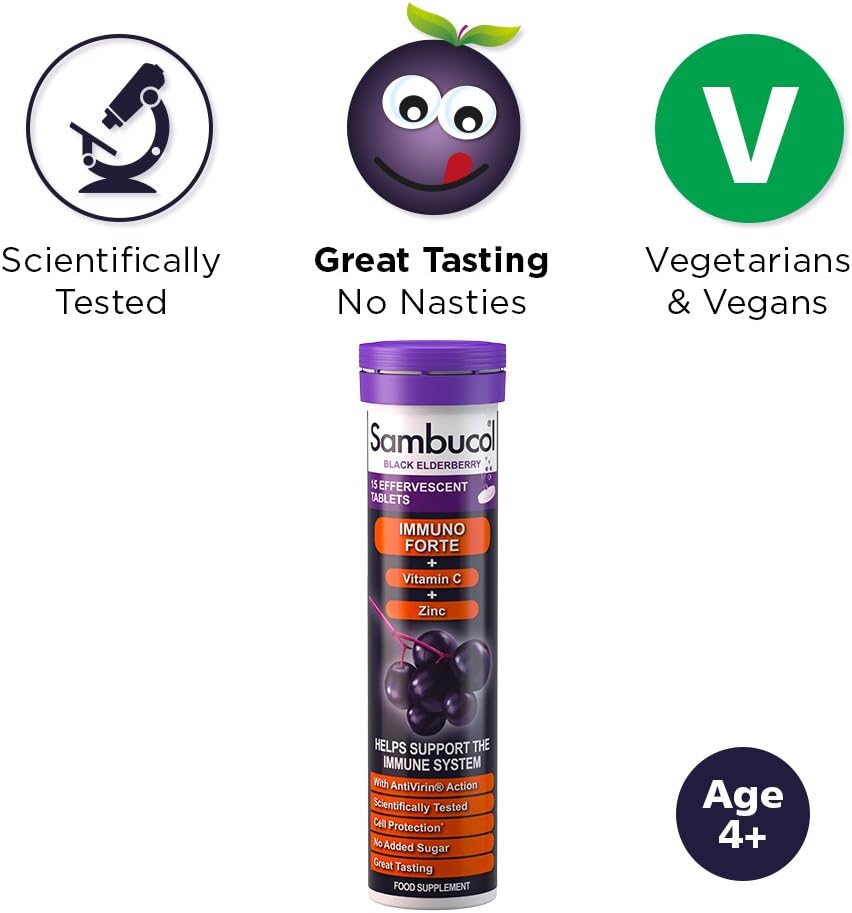 Immune Support Drink Fizzies - Black Elderberry with Vitamin C & Zinc - 15 Effervescent Tablets