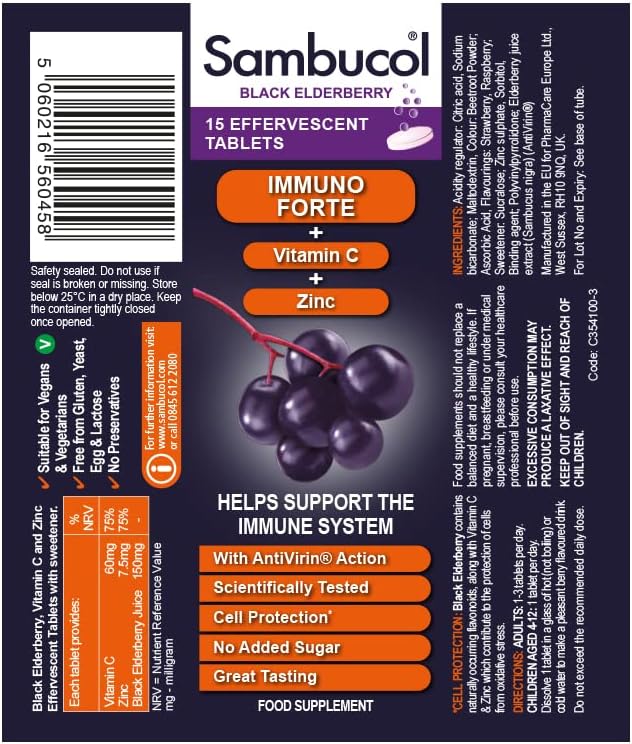 Immune Support Drink Fizzies - Black Elderberry with Vitamin C & Zinc - 15 Effervescent Tablets