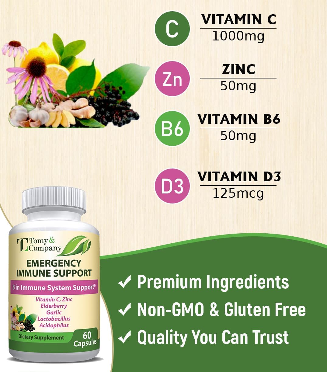 Immune Support Elderberry Capsules with Vitamin C, D3, Zinc - Gluten Free, Vegetarian - 60 Capsules for Men and Women