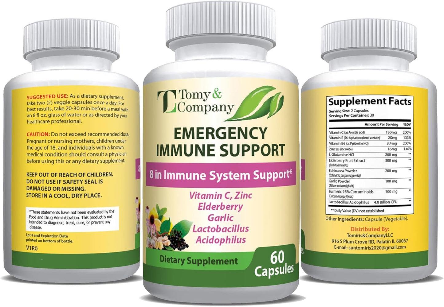 Immune Support Elderberry Capsules with Vitamin C, D3, Zinc - Gluten Free, Vegetarian - 60 Capsules for Men and Women