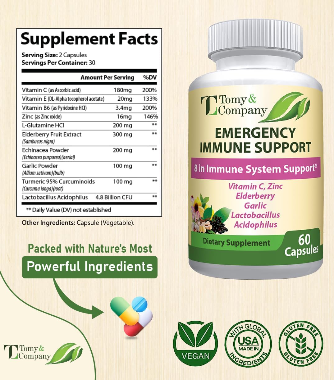 Immune Support Elderberry Capsules with Vitamin C, D3, Zinc - Gluten Free, Vegetarian - 60 Capsules for Men and Women