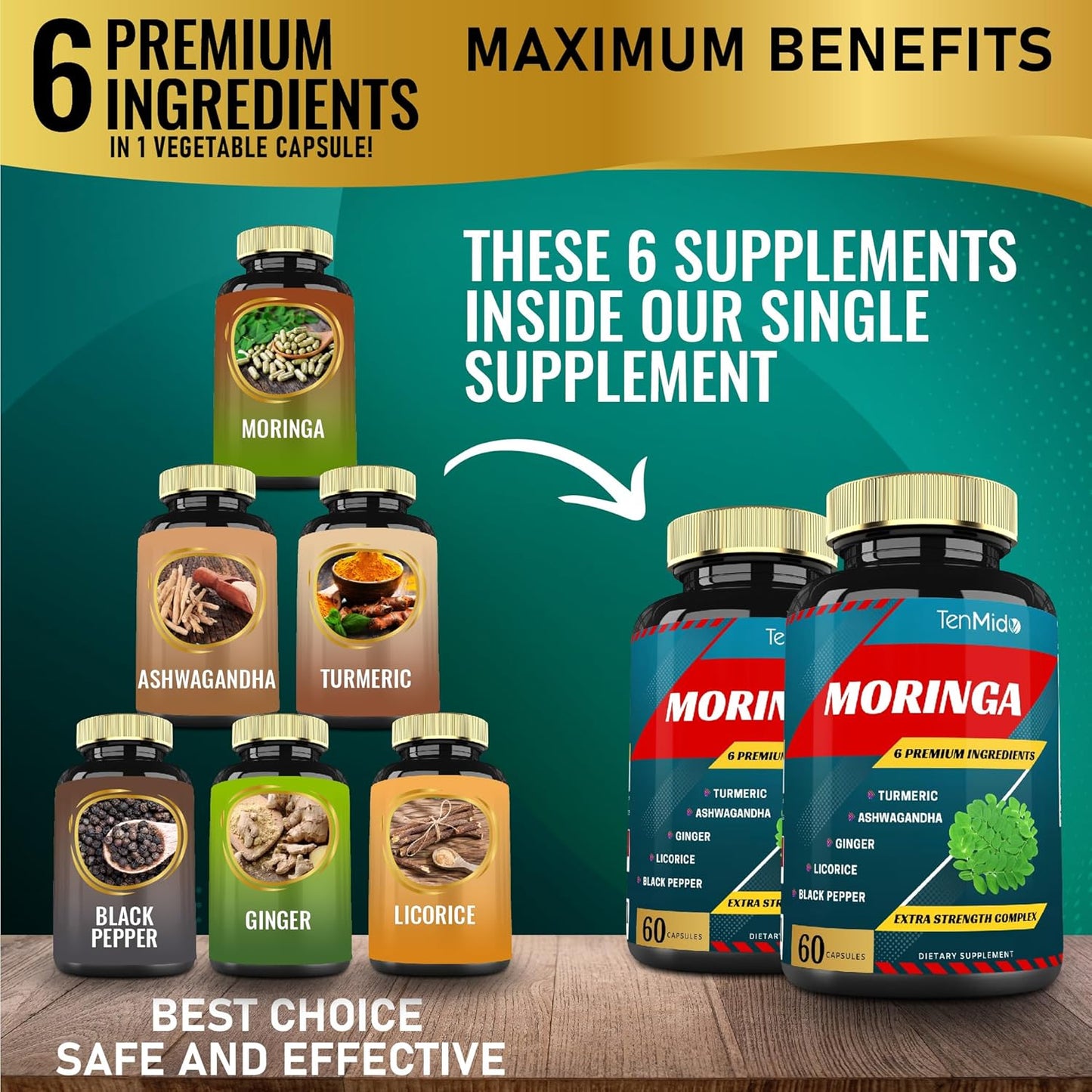 Immune Support & Energy Boost: 2 Packs Moringa Capsules with Turmeric, Ashwagandha, Ginger, Licorice, Black Pepper | 4 Months Supply