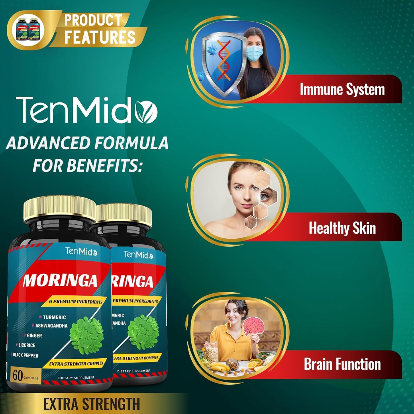 Immune Support & Energy Boost: 2 Packs Moringa Capsules with Turmeric, Ashwagandha, Ginger, Licorice, Black Pepper | 4 Months Supply