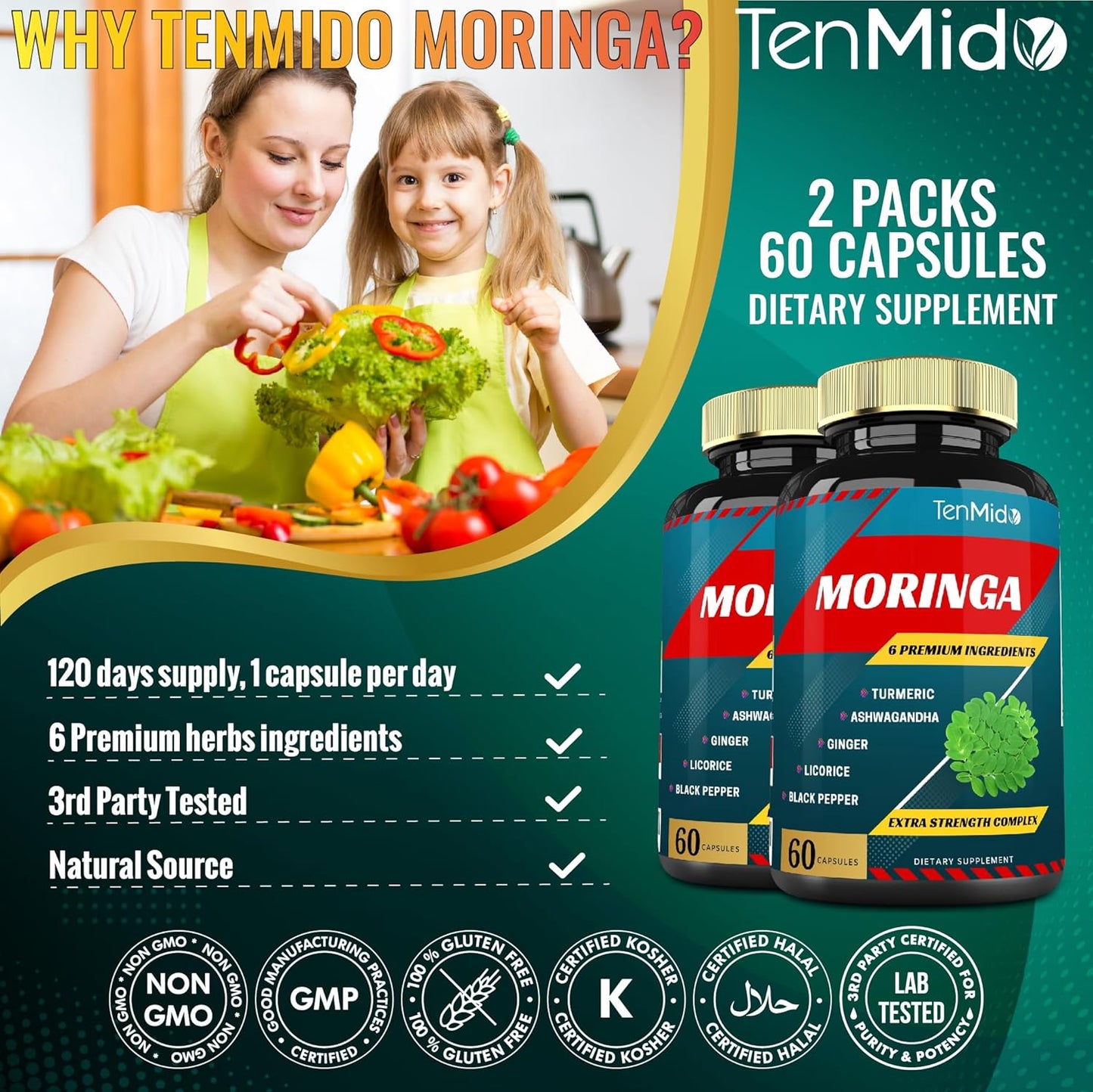 Immune Support & Energy Boost: 2 Packs Moringa Capsules with Turmeric, Ashwagandha, Ginger, Licorice, Black Pepper | 4 Months Supply