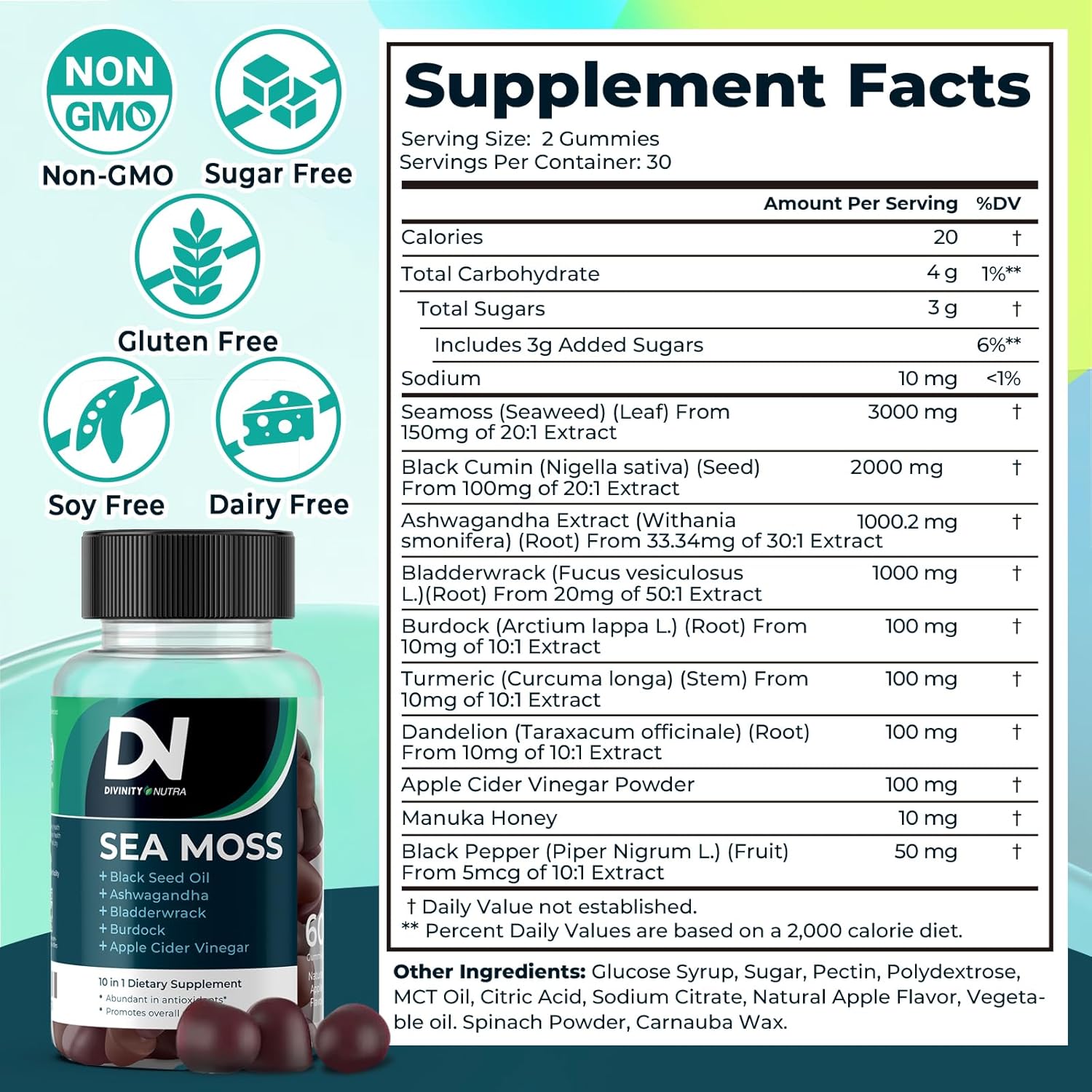 Immune Support Gummies with Sea Moss, Ashwagandha, Black Seed Oil, Bladderwrack, Burdock, Turmeric, Apple Cider Vinegar, Manuka Honey - 120 Count