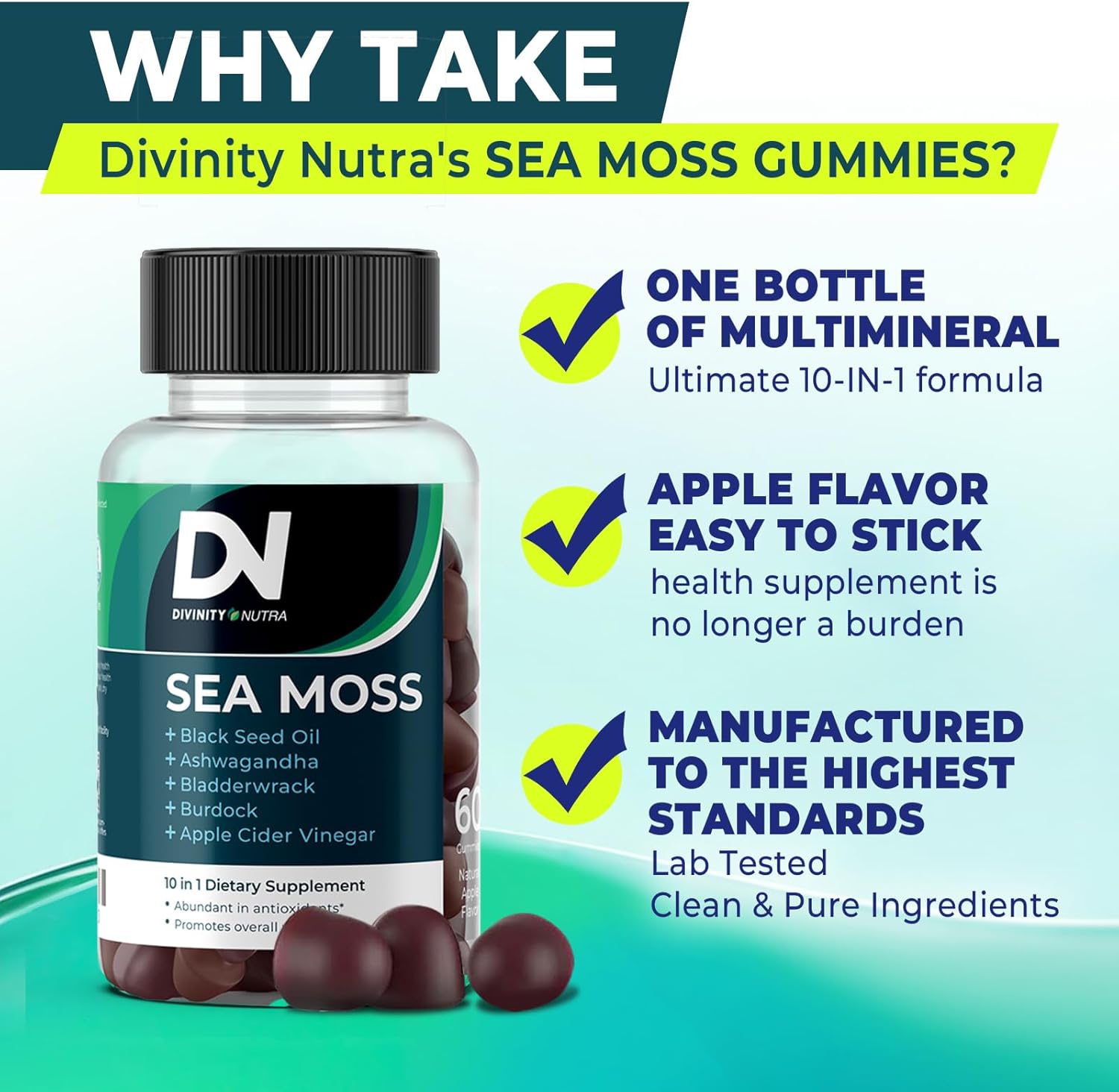 Immune Support Gummies with Sea Moss, Ashwagandha, Black Seed Oil, Bladderwrack, Burdock, Turmeric, Apple Cider Vinegar, Manuka Honey - 120 Count