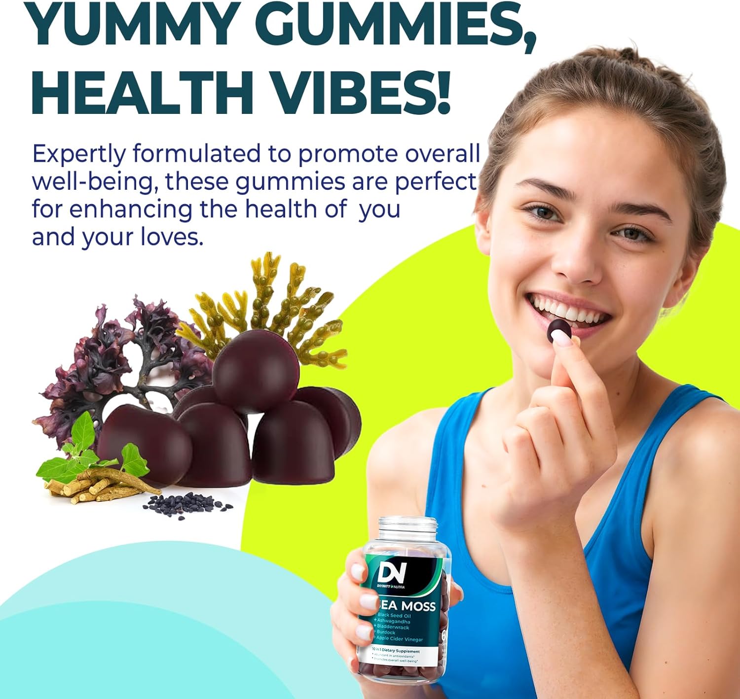 Immune Support Gummies with Sea Moss, Ashwagandha, Black Seed Oil, Bladderwrack, Burdock, Turmeric, Apple Cider Vinegar, Manuka Honey - 120 Count