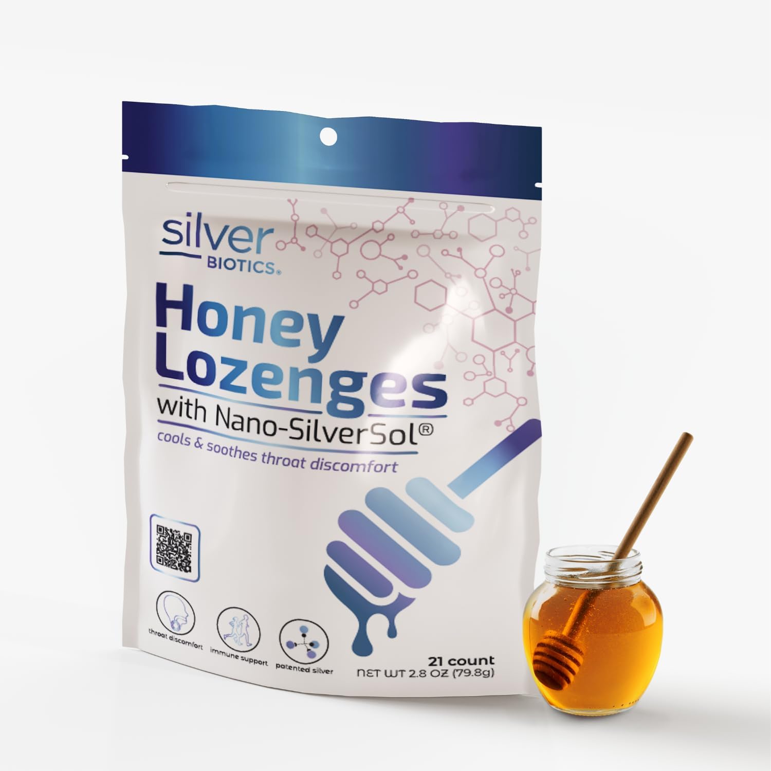 Immune Support Honey Lozenges with SilverSol | American Biotech Labs Silver Biotics Colloidal Silver | 60 PPM Ag₄O₄ | Throat Soothing | 21 Count