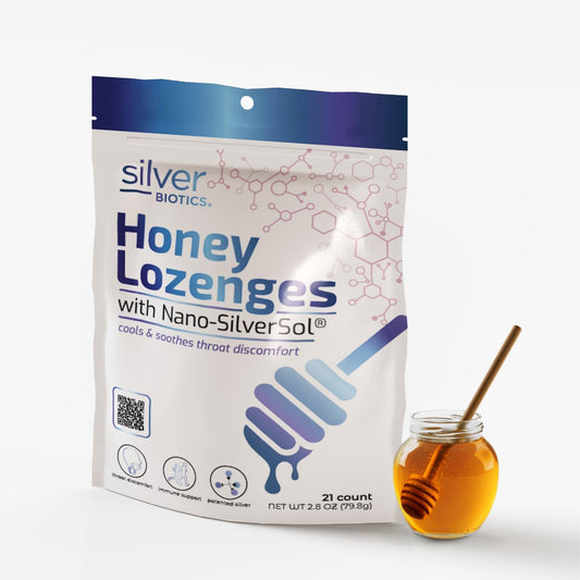 Immune Support Honey Lozenges with SilverSol | American Biotech Labs Silver Biotics Colloidal Silver | 60 PPM Ag₄O₄ | Throat Soothing | 21 Count