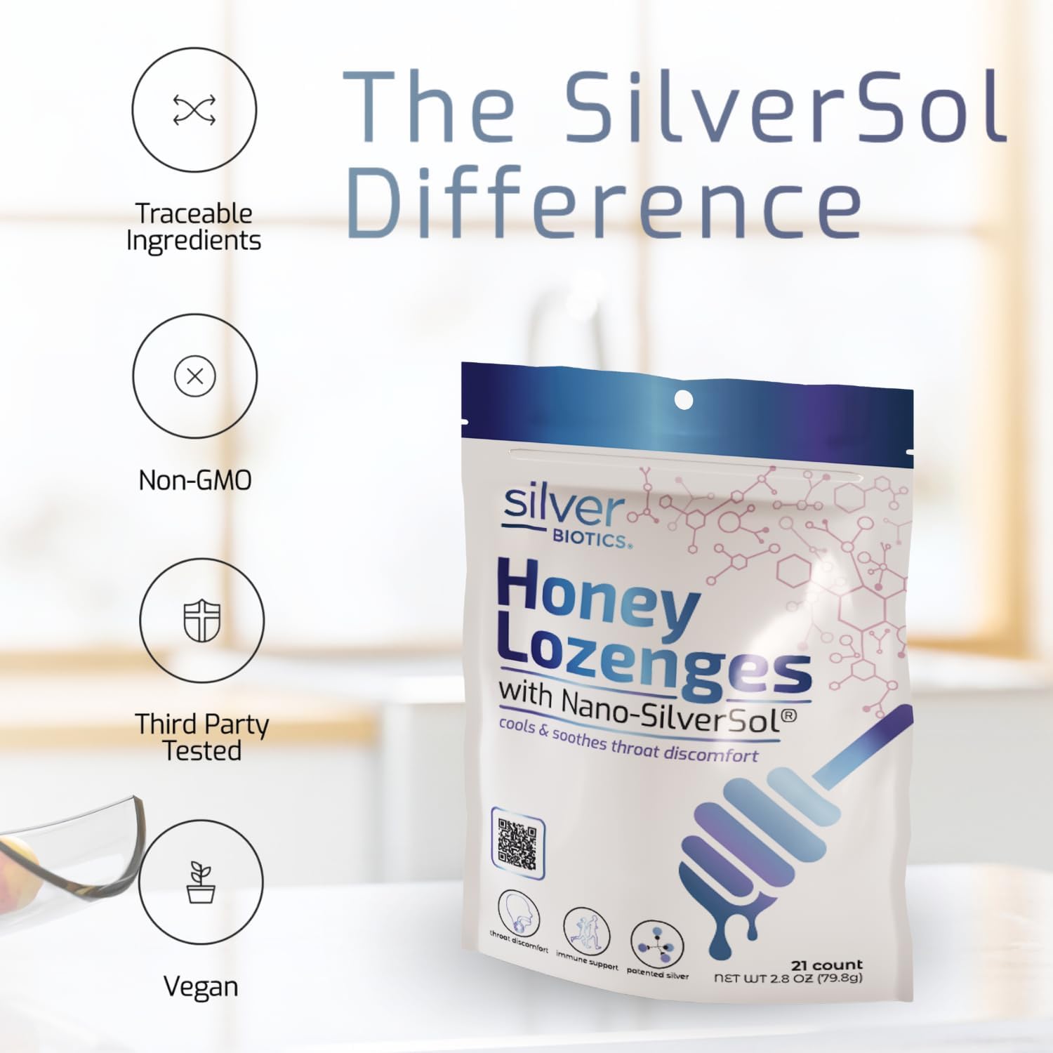 Immune Support Honey Lozenges with SilverSol | American Biotech Labs Silver Biotics Colloidal Silver | 60 PPM Ag₄O₄ | Throat Soothing | 21 Count