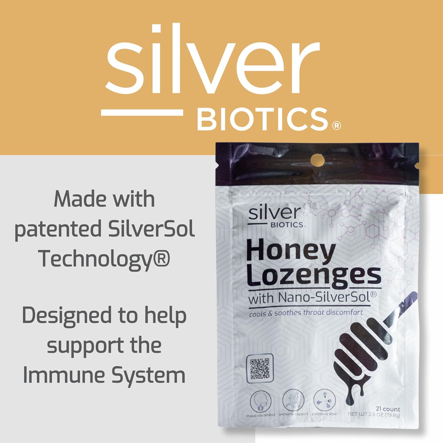 Immune Support Honey Lozenges with SilverSol | American Biotech Labs Silver Biotics Colloidal Silver | 60 PPM Ag₄O₄ | Throat Soothing | 21 Count
