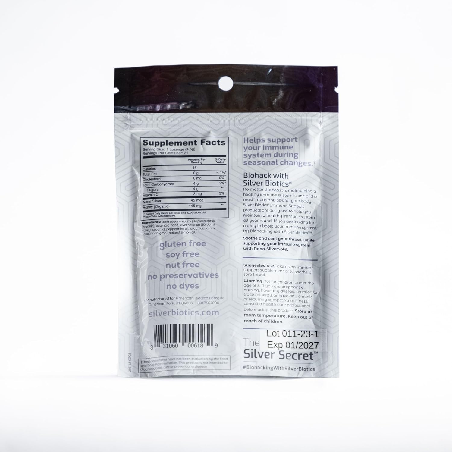 Immune Support Honey Lozenges with SilverSol | American Biotech Labs Silver Biotics Colloidal Silver | 60 PPM Ag₄O₄ | Throat Soothing | 21 Count