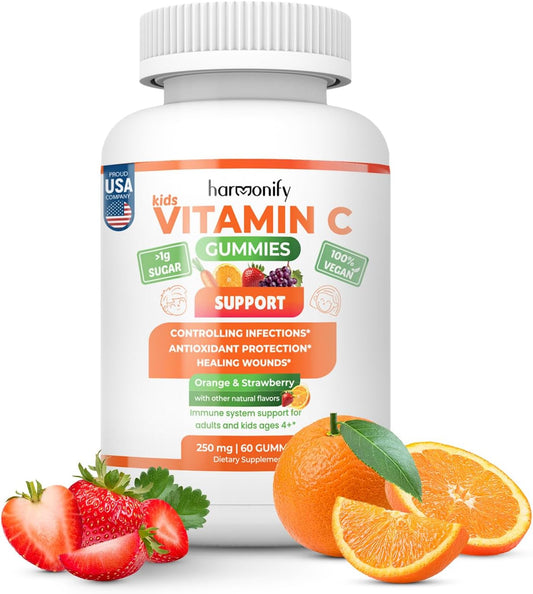 Immune Support Kids Gummies with Vitamin C, D, and Zinc - Orange, Grape, Cherry Flavors - 1 Month Supply
