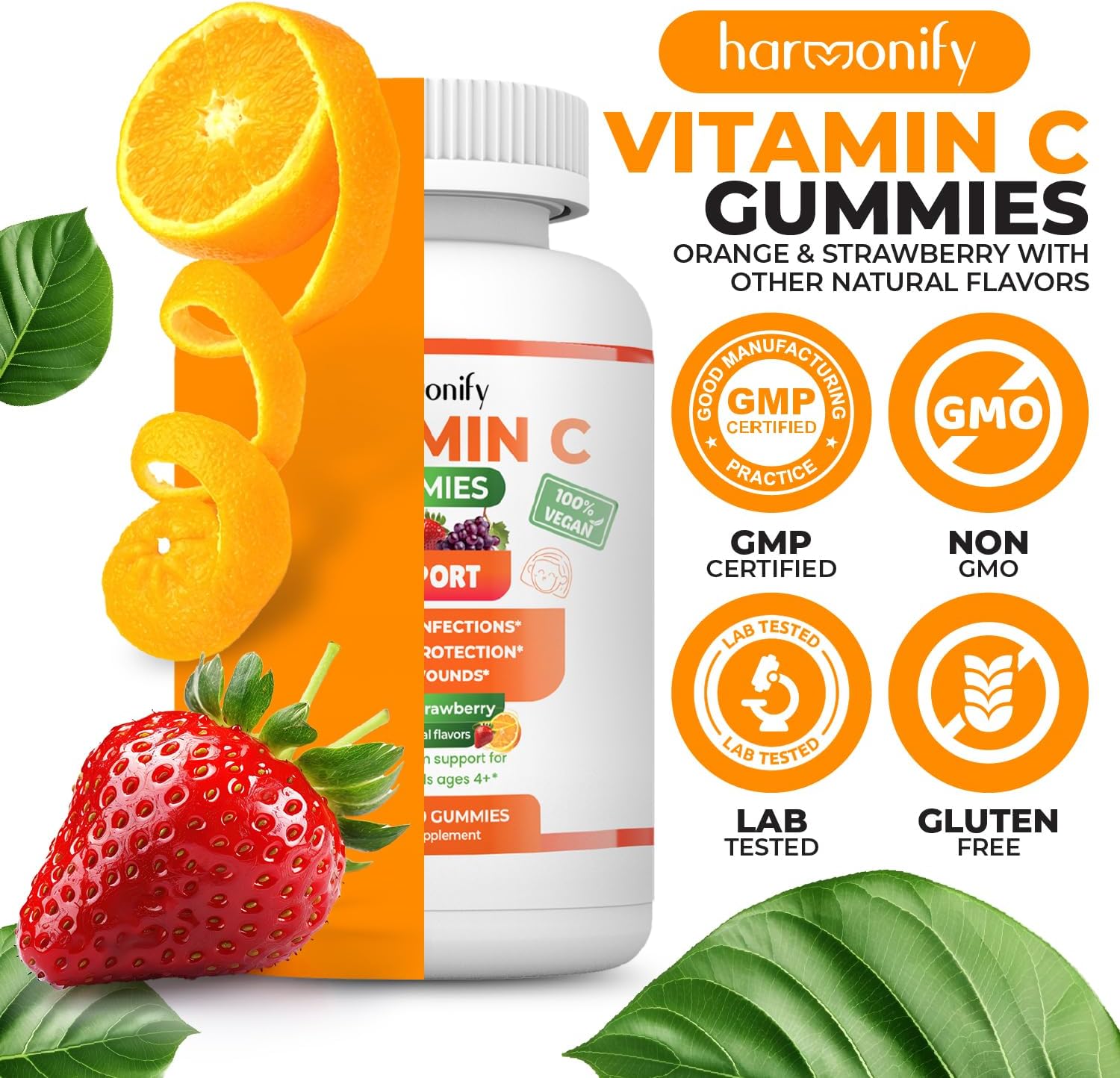 Immune Support Kids Gummies with Vitamin C, D, and Zinc - Orange, Grape, Cherry Flavors - 1 Month Supply