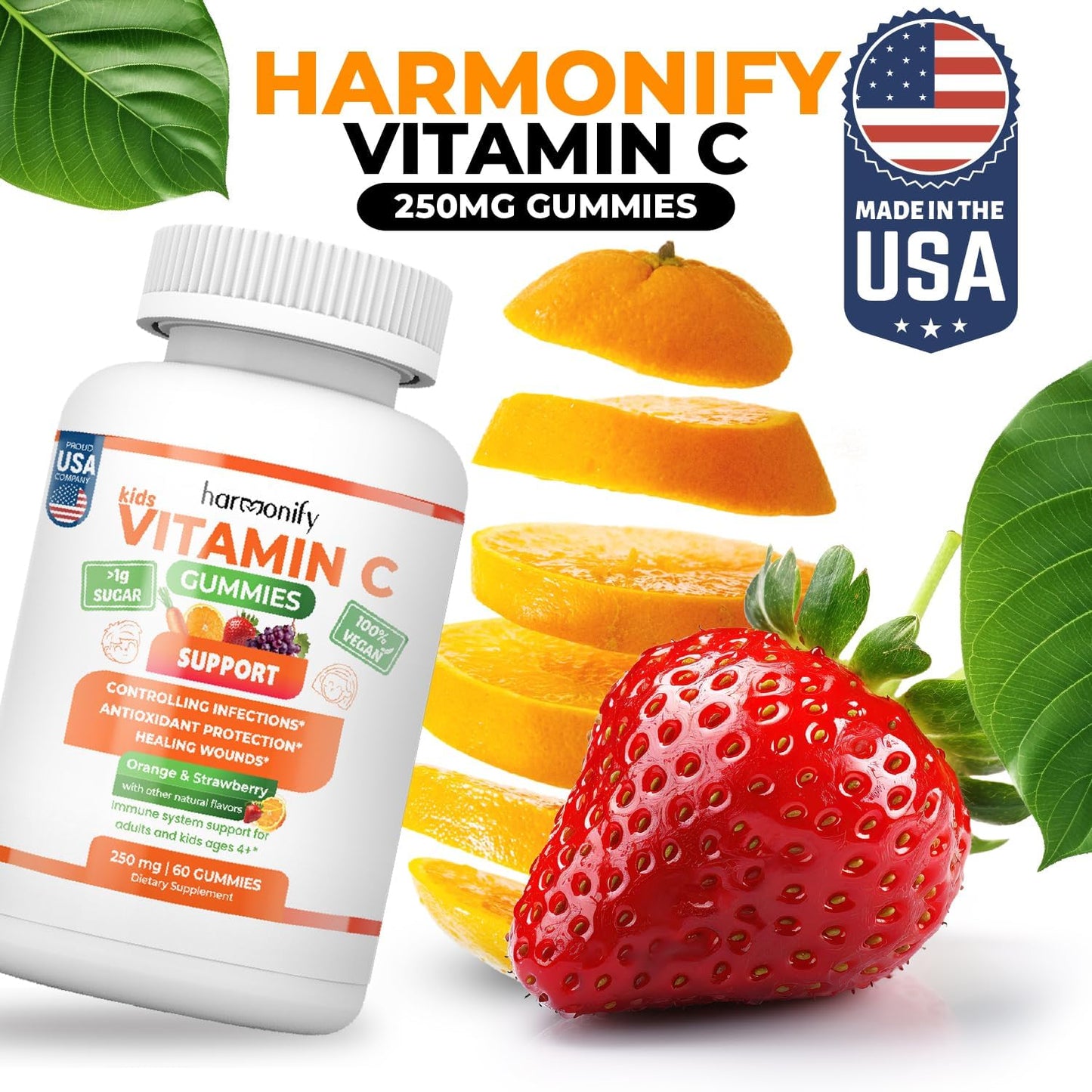 Immune Support Kids Gummies with Vitamin C, D, and Zinc - Orange, Grape, Cherry Flavors - 1 Month Supply