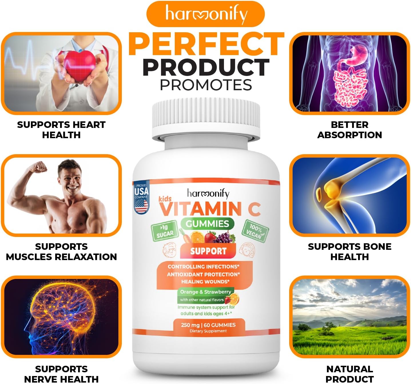 Immune Support Kids Gummies with Vitamin C, D, and Zinc - Orange, Grape, Cherry Flavors - 1 Month Supply