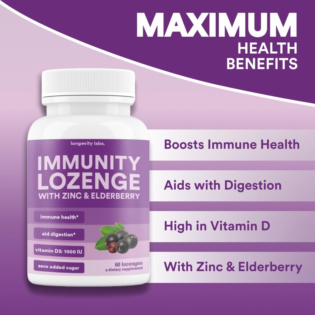 Immune Support Lozenges with Elderberry, Zinc, and Vitamin D3 for Men, Women & Kids | Non-GMO, Gluten-Free, Caffeine-Free | 60 Count