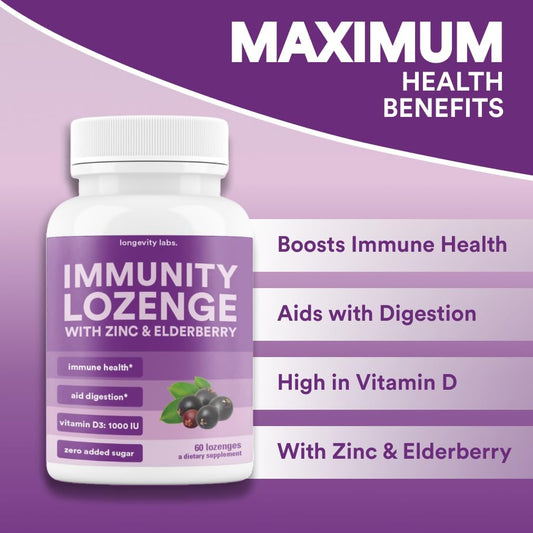 Immune Support Lozenges with Elderberry, Zinc, and Vitamin D3 for Men, Women & Kids | Non-GMO, Gluten-Free, Caffeine-Free | 60 Count