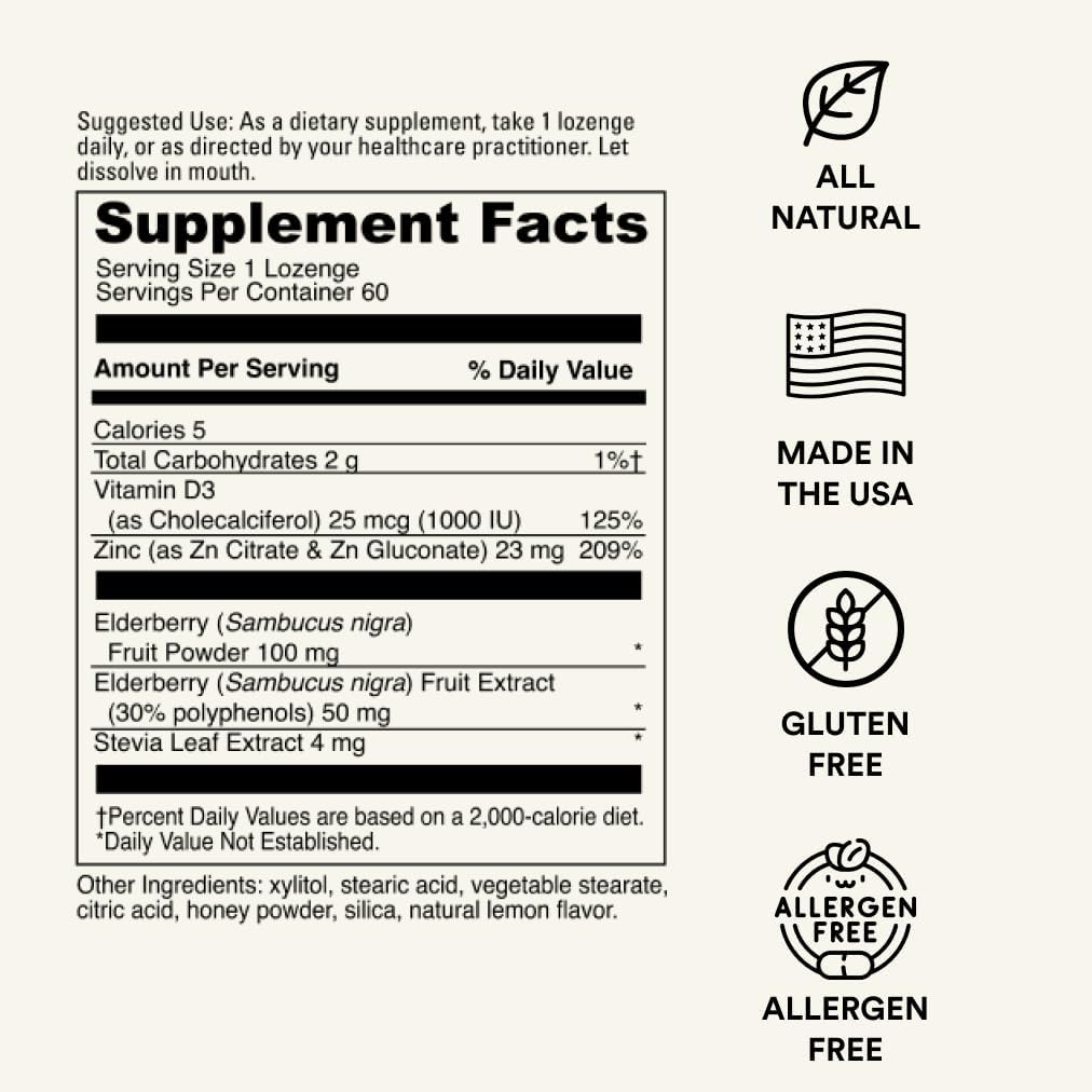Immune Support Lozenges with Elderberry, Zinc, and Vitamin D3 for Men, Women & Kids | Non-GMO, Gluten-Free, Caffeine-Free | 60 Count