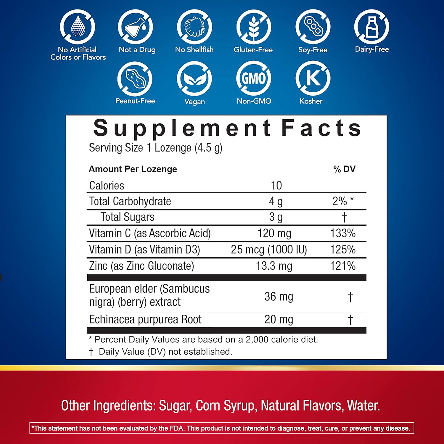 Immune Support Lozenges with Zinc, Vitamin C & D, Echinacea, Elderberry Flavor - 30 Count