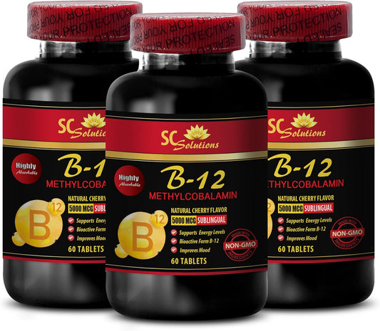 Immune Support Methylcobalamin Vitamin B-12 5000 Anti Aging Supplement for Women - Energy, Endurance, Stamina - 3 Bottles 180 Capsules