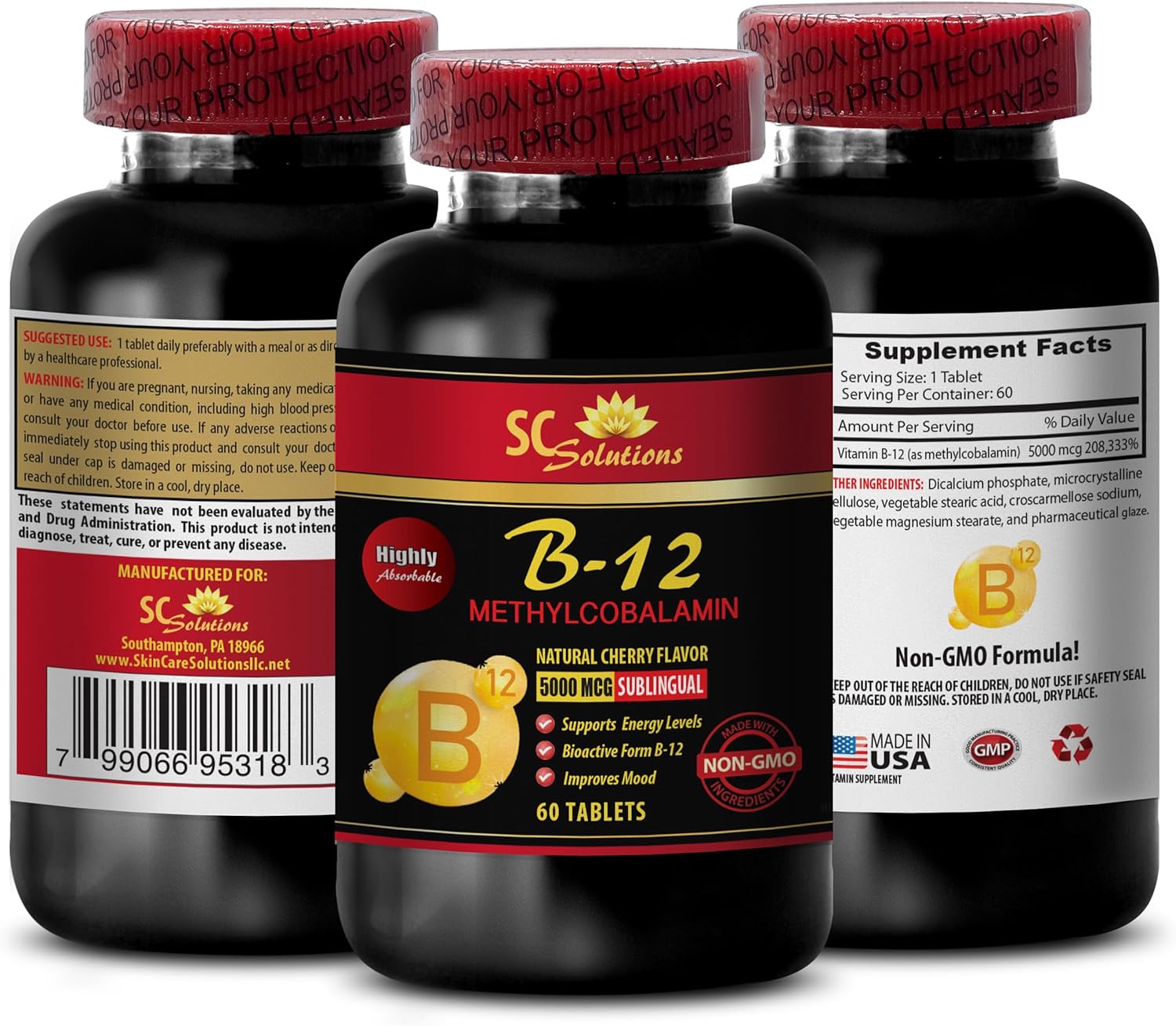 Immune Support Methylcobalamin Vitamin B-12 5000 Anti Aging Supplement for Women - Energy, Endurance, Stamina - 3 Bottles 180 Capsules