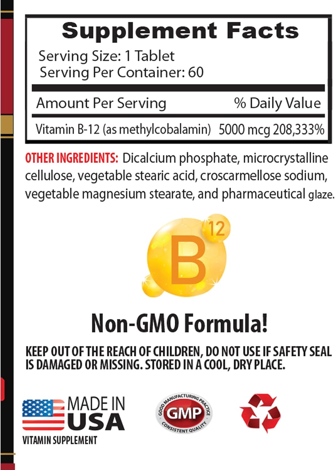 Immune Support Methylcobalamin Vitamin B-12 5000 Anti Aging Supplement for Women - Energy, Endurance, Stamina - 3 Bottles 180 Capsules