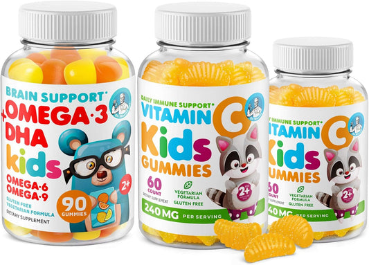 Immune Support Omega 3 DHA & Vitamin C Gummies for Kids & Adults - Low-Sugar Chewable Supplement for Toddlers, Vegetarian & Gelatin-Free