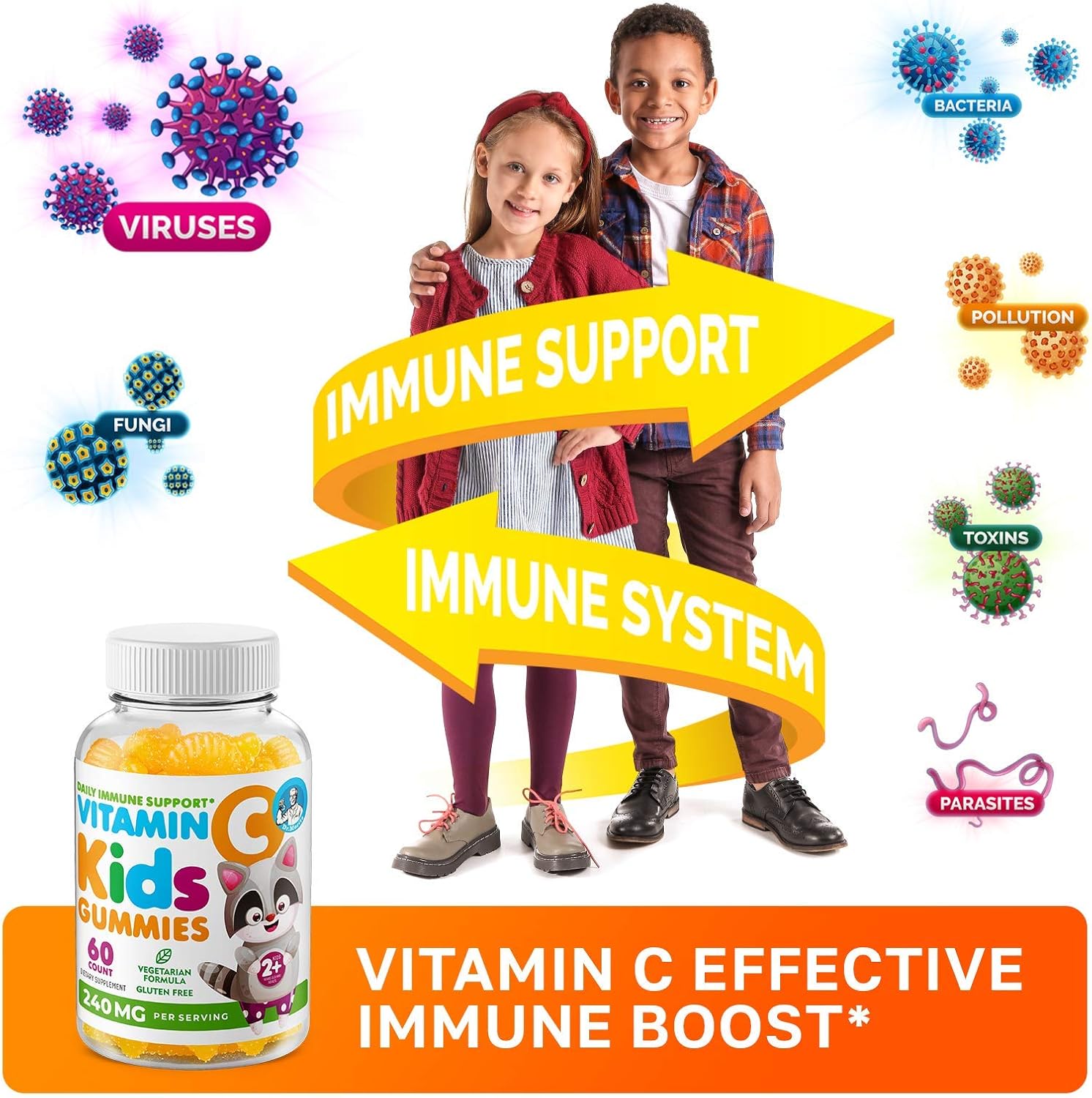 Immune Support Omega 3 DHA & Vitamin C Gummies for Kids & Adults - Low-Sugar Chewable Supplement for Toddlers, Vegetarian & Gelatin-Free