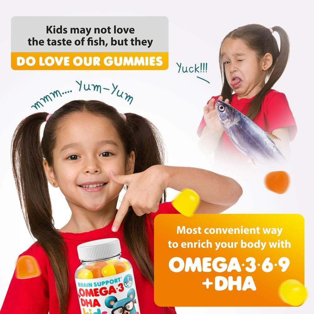 Immune Support Omega 3 DHA & Vitamin C Gummies for Kids & Adults - Low-Sugar Chewable Supplement for Toddlers, Vegetarian & Gelatin-Free