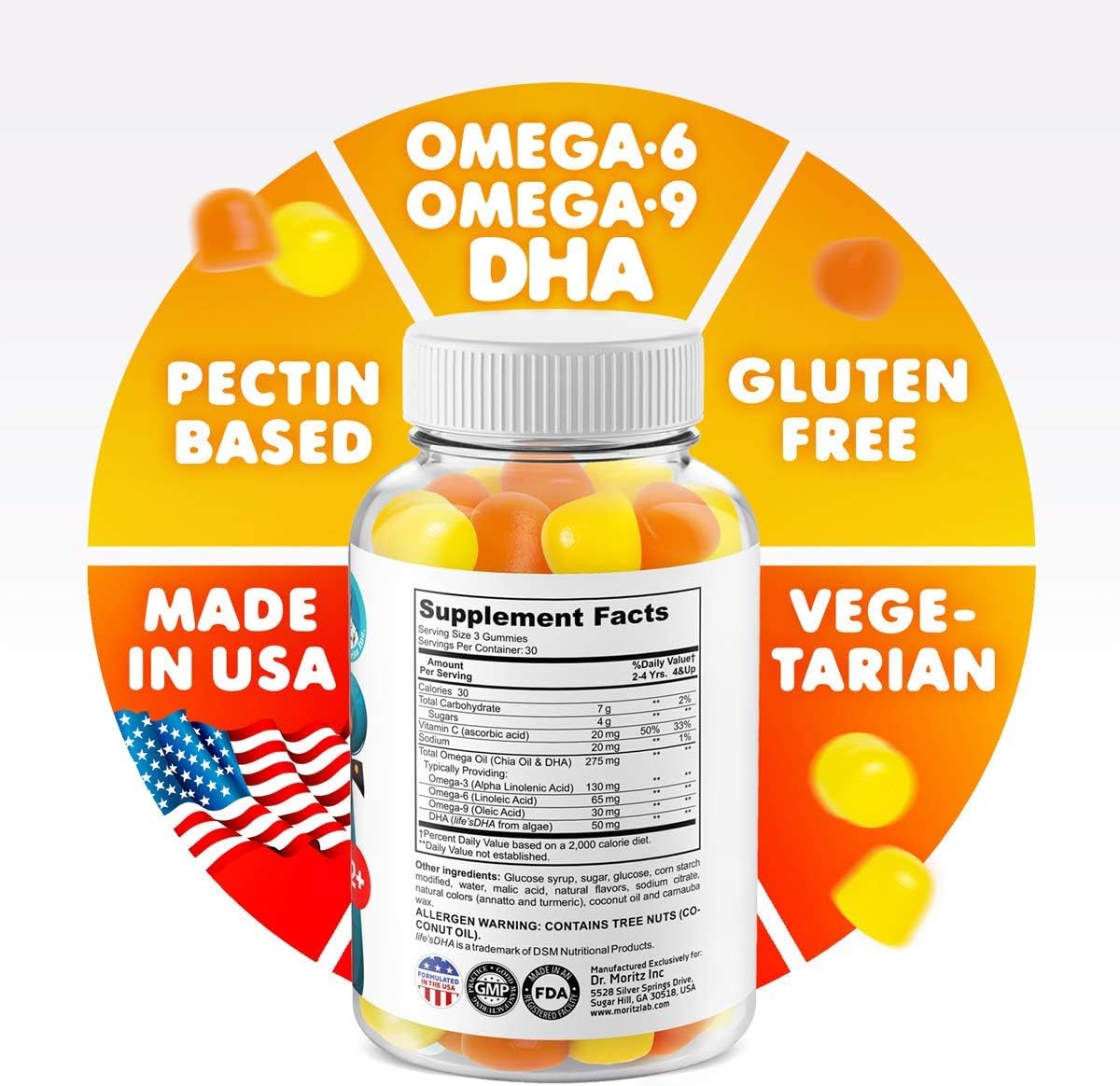 Immune Support Omega 3 DHA & Vitamin C Gummies for Kids & Adults - Low-Sugar Chewable Supplement for Toddlers, Vegetarian & Gelatin-Free