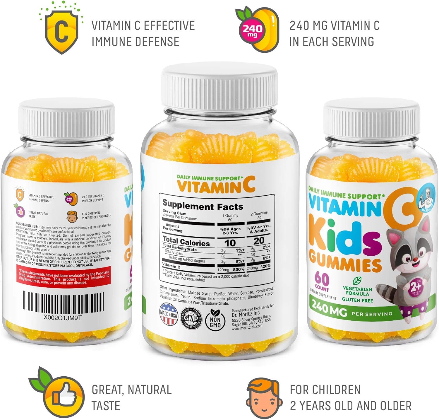 Immune Support Omega 3 DHA & Vitamin C Gummies for Kids & Adults - Low-Sugar Chewable Supplement for Toddlers, Vegetarian & Gelatin-Free